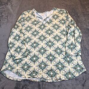 Emaline Beige Blue Green Medallion Print Long Sleeve V Neck Top Womens PL